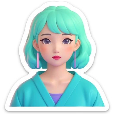 Vaporwave aesthetic Japanese girl with pastel gradient hair, 80s retro style, sunset grid background, pink and teal color scheme, nostalgic aesthetic sticker