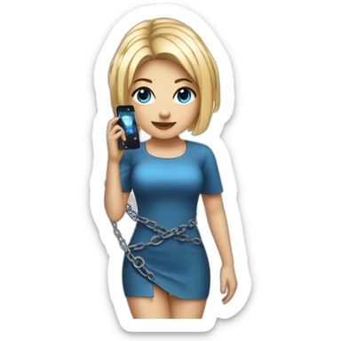 techno music girl with very short blue dress and square blonde haircut and chained phone sticker