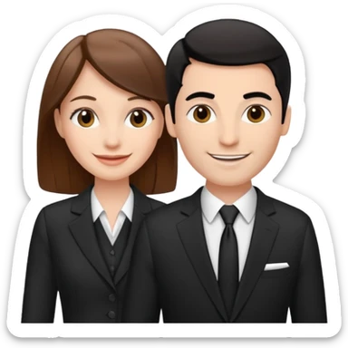 white woman with brown hair and white man with black hair in suits partnership sticker
