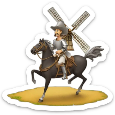don quixote on a horse galloping towards a windmill sticker