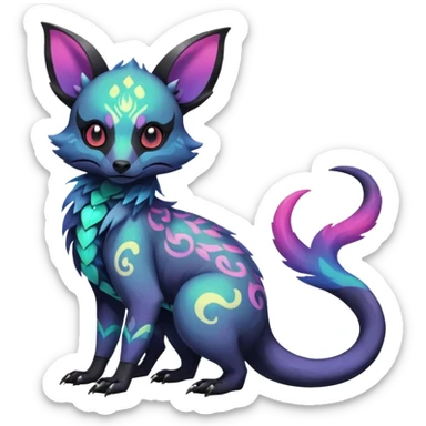 Rare neon iridescent white exotic cute epic aesthetic gothic colorful Salandit-Eevee-Civet-species-Fakemon-hybrid-creature, with intricate tattoo markings, full body sticker
