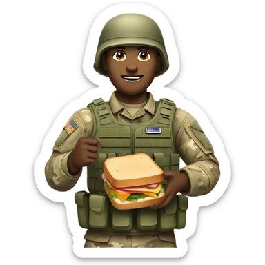 Army soldier with blue eyes and brown hair holding a sandwhich sticker