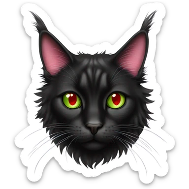 black mainecoon cat with one green eye and one red eye with scar over it and a pink nose and piercings on ears sticker