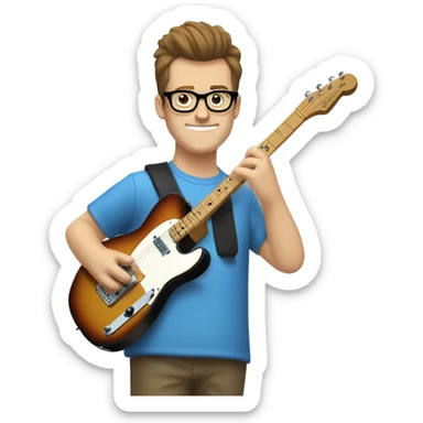 A nerdy white guy with glasses with short brown hair with a small quiff playing a blue classic telescaster sticker
