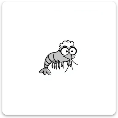 a little shrimp that is old with white hair and glasses, elderly shrimp character with white eyebrows and hair, wearing round glasses sticker