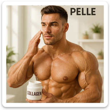 25 year old bodybuilder caring for skin to prevent sagging, hyper realistic style, defined muscles, using collagen supplements, motivational atmosphere, text 'Proteggi la tua pelle', realistic details, bright environment sticker