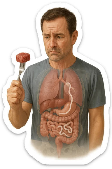 A realistic, high-quality medical illustration showing a concerned man in his early 40s holding a piece of raw beef tartare on a fork, looking at it with a worried expression. Behind him, a transparent overlay of his digestive system reveals the presence of Taenia saginata (beef tapeworm), depicted as a long, segmented white worm inside his intestines, symbolizing the infection. The environment is a kitchen with bright but neutral lighting, creating a serious educational tone. Subtle anatomical highlights and clean medical graphics convey the concept of parasite transmission through undercooked beef, emphasizing food safety and health awareness. sticker
