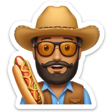 A bearded hotdog with sunglasses and a cowboy hat sticker