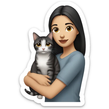 A black haired white girl with hazel eyes holding a gray tabby cat sticker