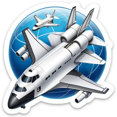 An icon featuring a collage of a space shuttle, a drone, and an airplane, symbolizing aerospace technology. The design includes rocket engines, wings, and flight paths, representing advancements in aviation and space exploration. Transparent background highlights cutting-edge aerospace engineering. sticker