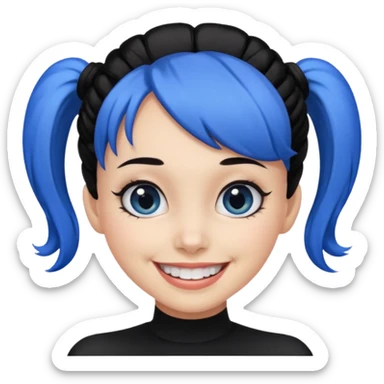 Now tied up her hair in a bun, the on her head is black, but blue bang on front. Bigger eyes and brighter smile, show teeth while smiling sticker