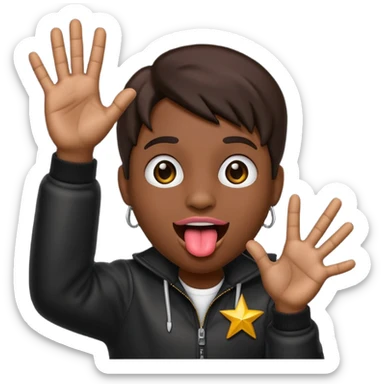 Black emoji sticking out tongue and holding up rockstar hands sticker