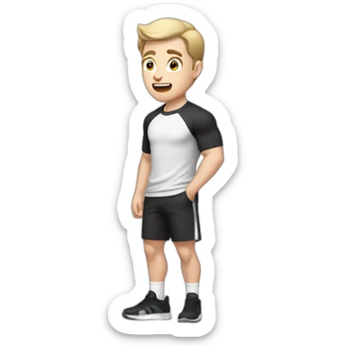 amazed Open with surprise mouth Pale skinned Fit Man With the biceps and dark brown hair in black shirt, gray sports shorts and white Sneakers sticker
