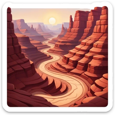 Cinematic Realistic Canyon Emoji, Vast and rugged, with deep red rock formations and winding paths leading down to a dry, dusty floor. Sunlight casts long shadows across the craggy surfaces, highlighting the layers of ancient rock. Soft glowing outline, capturing the essence of dramatic beauty and ancient history in a mighty canyon. sticker