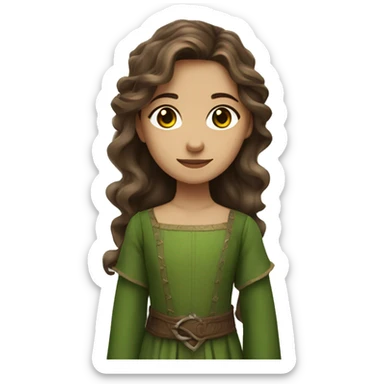 girl with brown long wavy hair, brown eyes, green medieval dress sticker