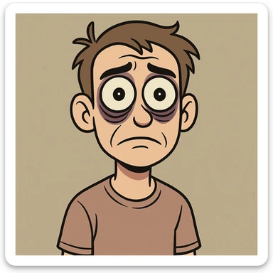 a cartoon of a regular person with exaggerated wide eyes and dark circles, clearly lacking sleep sticker