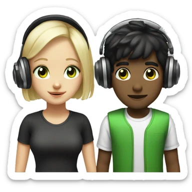 black hair boy and blonde girl green eyes with headphones sticker