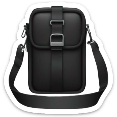 Small black men’s messenger bag emoji, minimalist style, simple rectangular shape, adjustable strap, no details or logos, transparent background. sticker