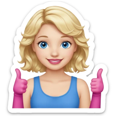 Girl Blonde short wavy hair,  blue eyes, cute blue top, long lashes, pink lips, smiling, thumbs up sticker