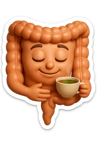 emoji stile iphone 3d di intestino umano sereno che si tocca la pancia mentre sorseggia un thè alle erbe, iperrealistico 4k sticker