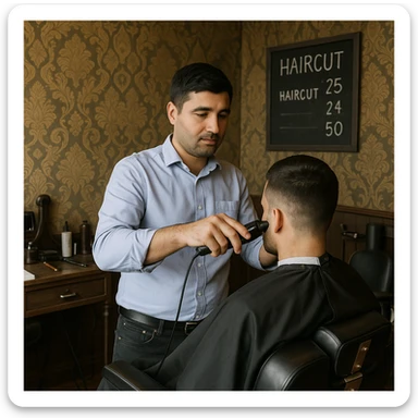 Draw me a picture of a barbershop that looks like this guy working in a barbershop. The barbershop doesn't have to be very modern. It should be on a medium floor. Also draw a blackboard on the wall. It should have the prices for haircuts there. sticker