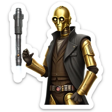 tarnished undercover tough well-equipped Jedi  life-sized darkblue-pearl C3po leather vest clothing pants and vest old west duster coat holding light saber sheriff sticker