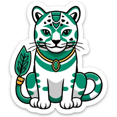 Maya sacred jaguar messenger - important message, perfect geometric lines like hieroglyphics, ONLY white and deep green colors, no other colors, flat design sticker