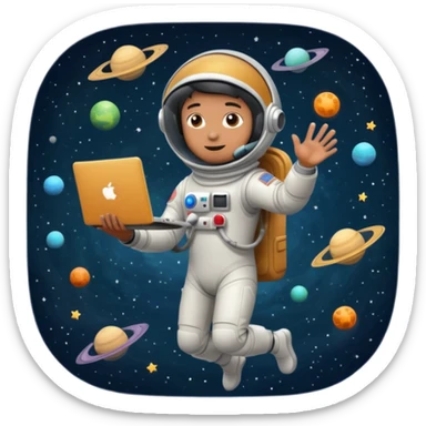 Uomo spaziale che fluttua nell'universo con un computer in mano sticker