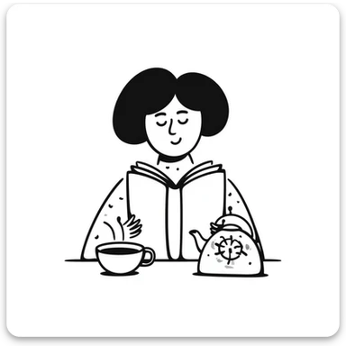 A person comfortably reading a book with a cup of tea nearby sticker