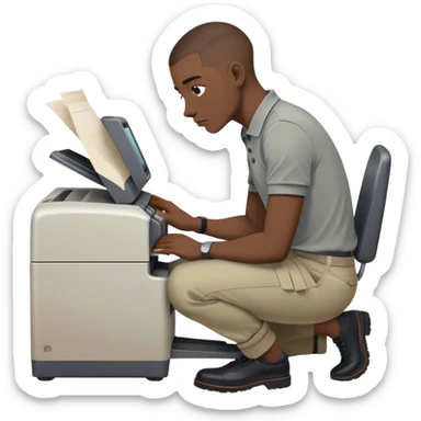 Gender: Male Hair: Buzzcut with faded sides, black Face: Furrowed brows, downturned lips Clothes: Rolled-sleeve polo shirt, chinos Action: Kneeling by jammed printer with paper scraps sticker