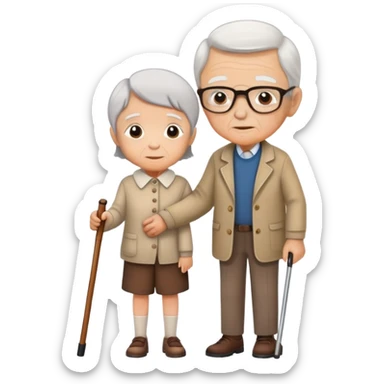 a child supporting an elderly person with a cane, warm and respectful sticker