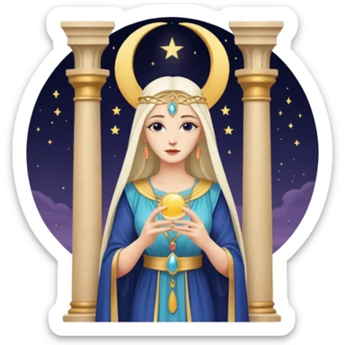 The High Priestess tarot card emoji inspired by Rider Waite Smith deck, serene woman between two pillars, crescent moon, concise and vibrant sticker