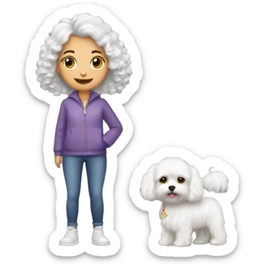 Maltese dog with owner of curly hair girl mid length and fair skin  sticker