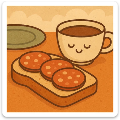 close-up of salami bread next to a coffee cup, breakfast setting, soft light sticker