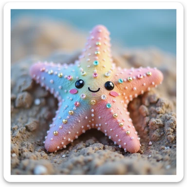 realistic sea star with rainbow pastel colors, bedazzled with gems, subtle kawaii touches, sparkles, photorealistic, soft lighting, natural texture, gentle cute expression sticker