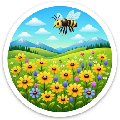lively meadow with wildflowers and a buzzing bee, bright colors, rounded shapes sticker