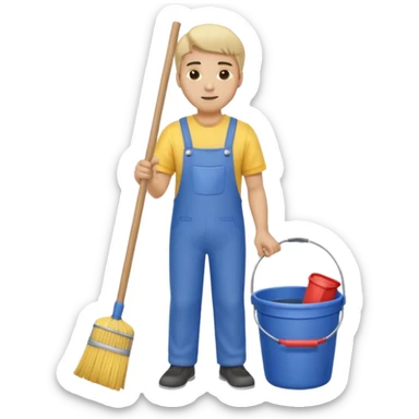 ligth man in cleaning clothes, holding a broom and a bucket sticker
