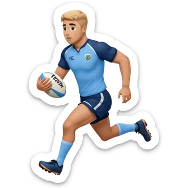 A rugby player running with the ball in sky blue kit & Navy shorts sticker
