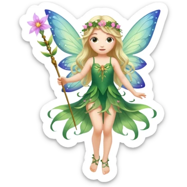 A flower fairy girl, with wings all over her body, one leg straight and the other bent, one hand raised holding a magic wand, the other hand lowered. sticker