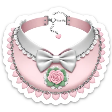 Pastel-baby-rose-pink Lolita-styled aesthetic cute kawaii choker-collar-necklace adorned with with white frills, roses, hearts, bow tie, silver chains, sakura flowers, apparel  sticker