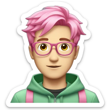 anime pink haired guy with green lenses glasses and pink antennas with sea-green uniform sticker