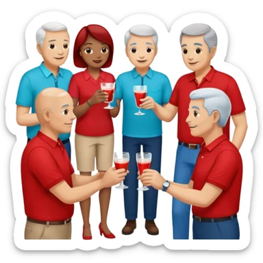 A room packed with adults and seniors in casual clothing with red, aqua and blue shirts, some with drinks, chatting at an afterwork meeting sticker