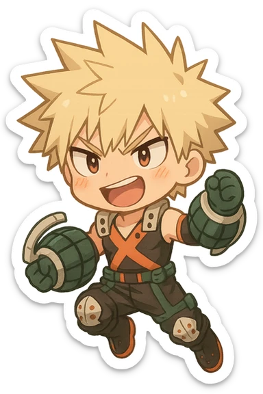 anime male character Bakugou Katsuki in chibi style, cute proportions, spiky blond hair, expressive face, hero costume, energetic pose sticker