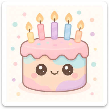 animated birthday cake, pastel colors, cute kawaii style, smiling face, candles sticker