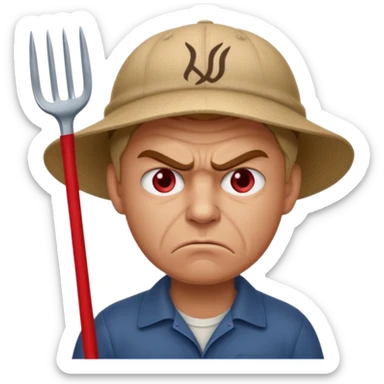 Angry man with a pitchfork and a cap that has a no symbol sticker