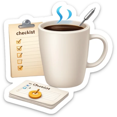 Coffee cup and checklist note connected by a glowing link or chain, showing habit stacking sticker