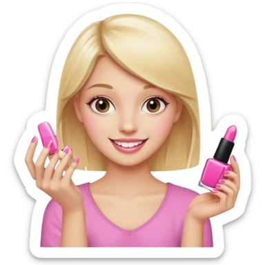 A happy blonde girl in pink holds nail polishes in her hand sticker