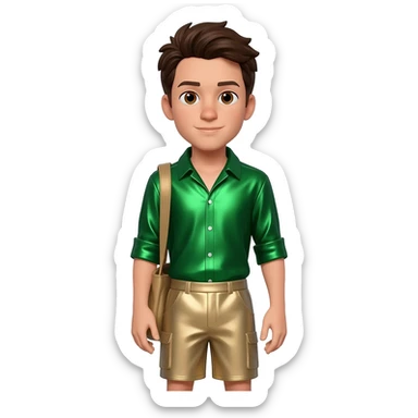 Chris Kratt with brown eyes, dark brown hair, green metallic shirt, beige metallic baggy shorts sticker
