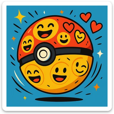 A Poké Ball decorated with various expressive emojis including smileys and hearts, lively animated style with motion lines and sparkles, dynamic and energetic sticker