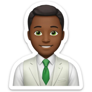 businessman, black skin, black eyes, white suit vest, green tie sticker